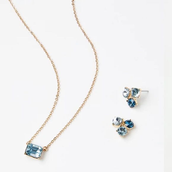 NWT LOFT Blue Topaz crystal and gold necklace and earring set sparkle gem - Picture 4 of 6